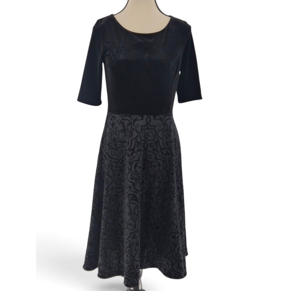 Lands' End Fit & Flare Dress Womens XS Black Velvet Demask Dark Academia Gothic
